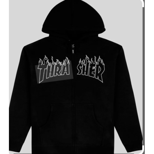Hoodie Thrasher Flame Embroidered Full-zip Black
